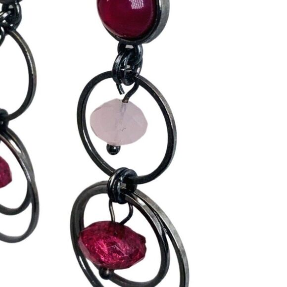 Fuchsia Pink Acrylic Beaded Round Gunmetal 3 Ring Dangle Drop Earrings - Picture 4 of 5